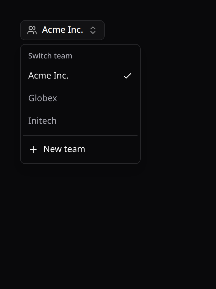 Team switcher dropdown