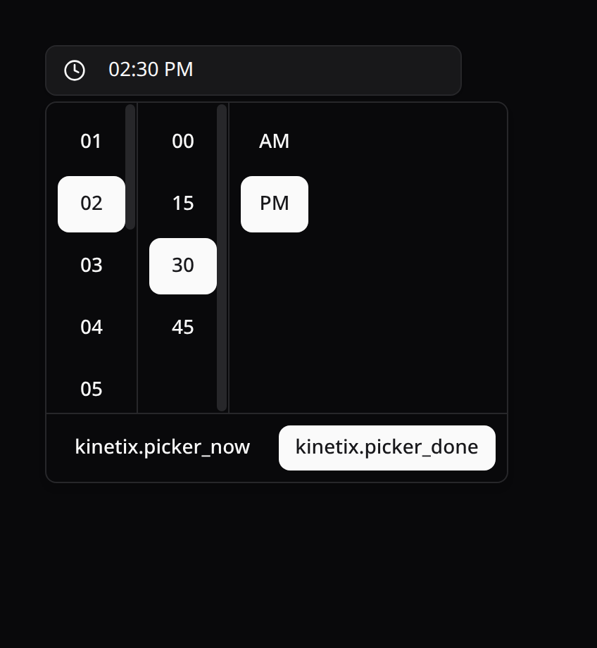 Time picker — input trigger + popover columns