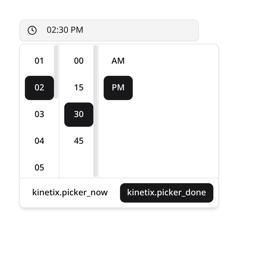 Time picker — input trigger + popover columns