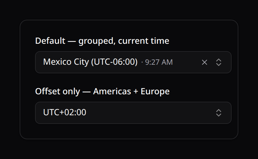 Timezone picker — default and offset-only variants