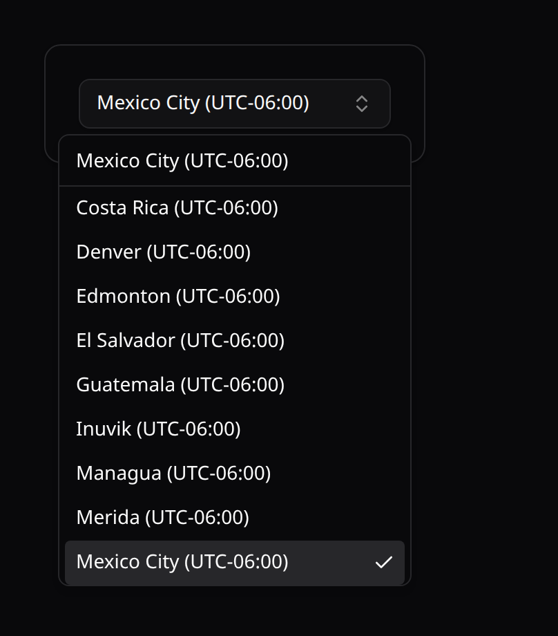 Timezone picker — searchable dropdown open