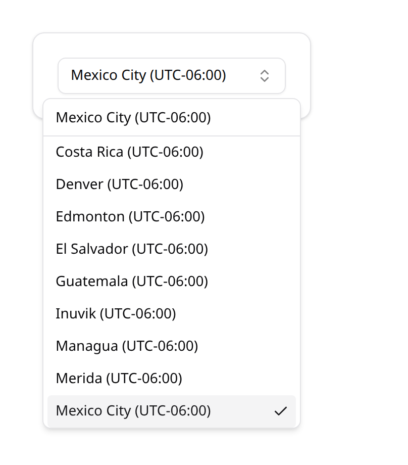 Timezone picker — searchable dropdown open