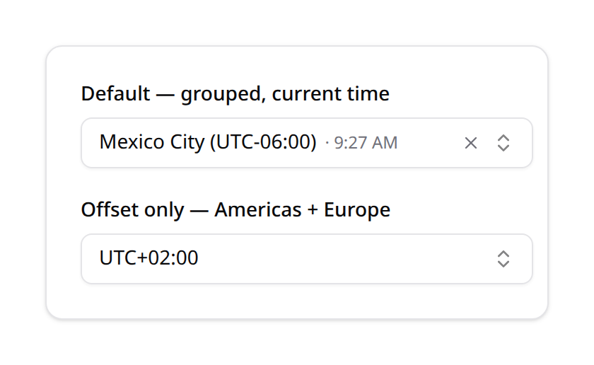 Timezone picker — default and offset-only variants